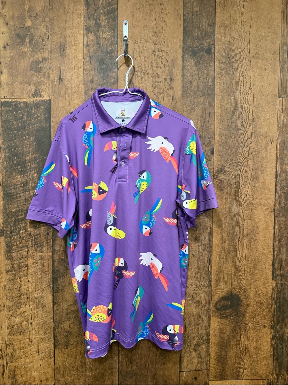 Rolo golf Men's Purple Tropical Parrot Polo Shirt large EUC